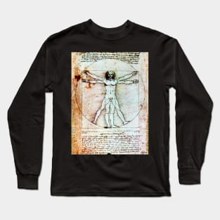 VITRUVIAN MAN Handwriting of Leonardo Da Vinci Antique Parchment Long Sleeve T-Shirt